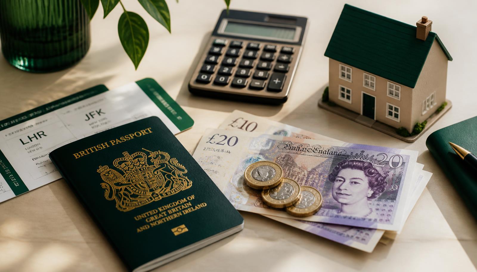 British pound notes, a passport, a boarding pass and a calculator on a desk