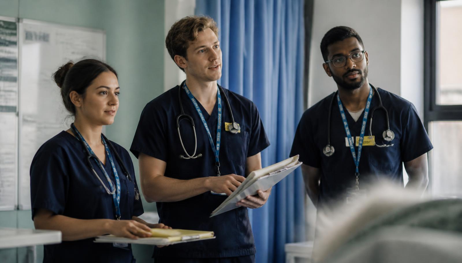 A doctor on a hospital ward reviewing notes with colleagues