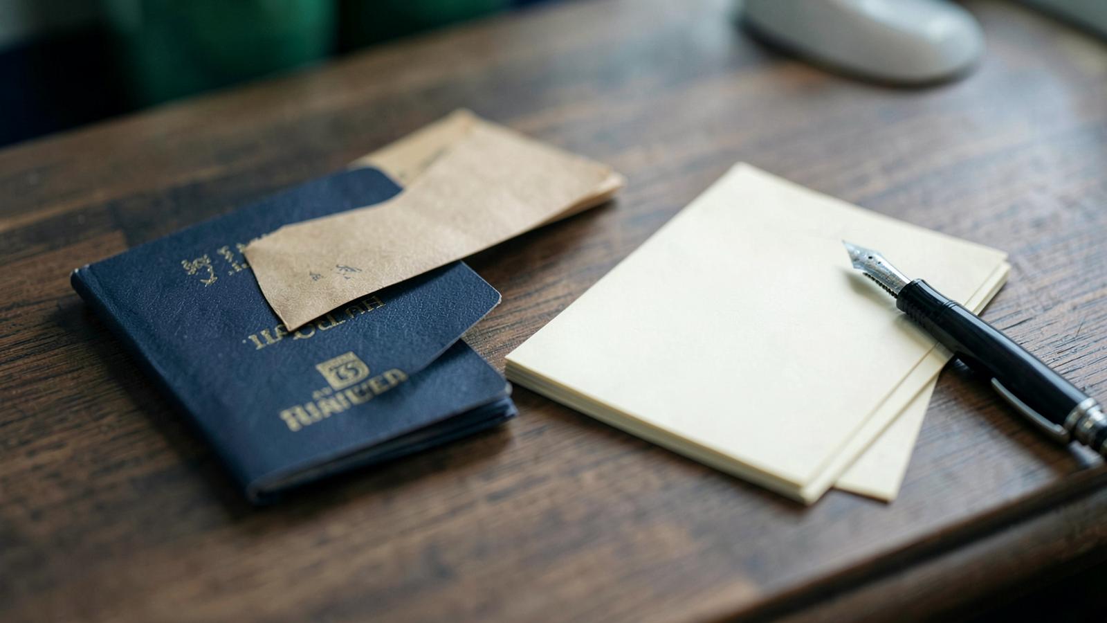 A passport, envelope and blank documents on a desk with a fountain pen