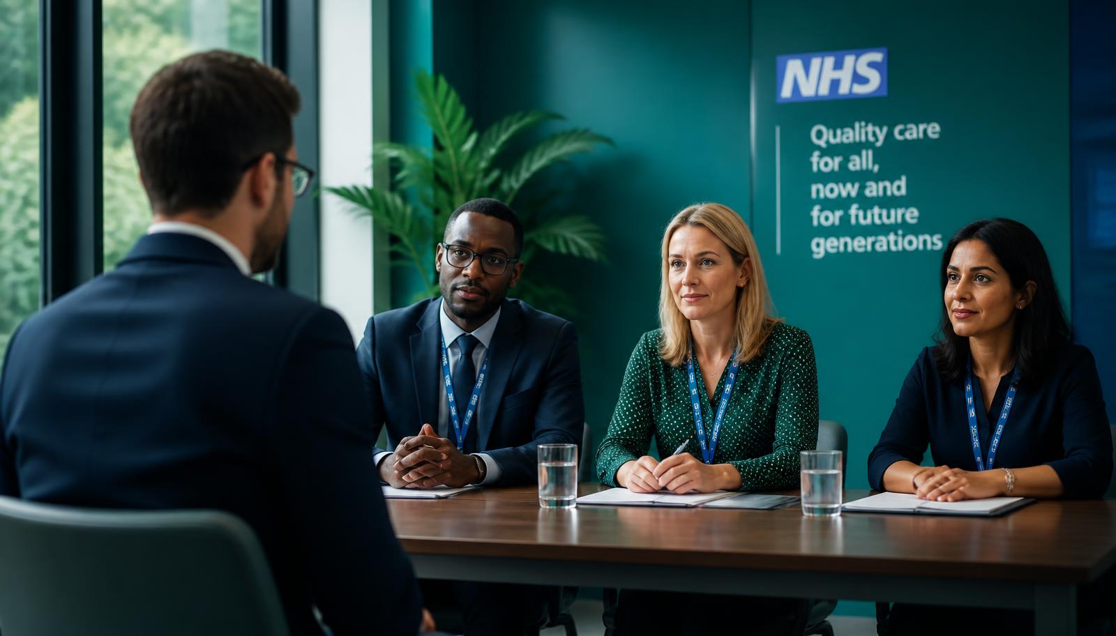 A doctor sitting across from an interview panel in a bright NHS meeting room