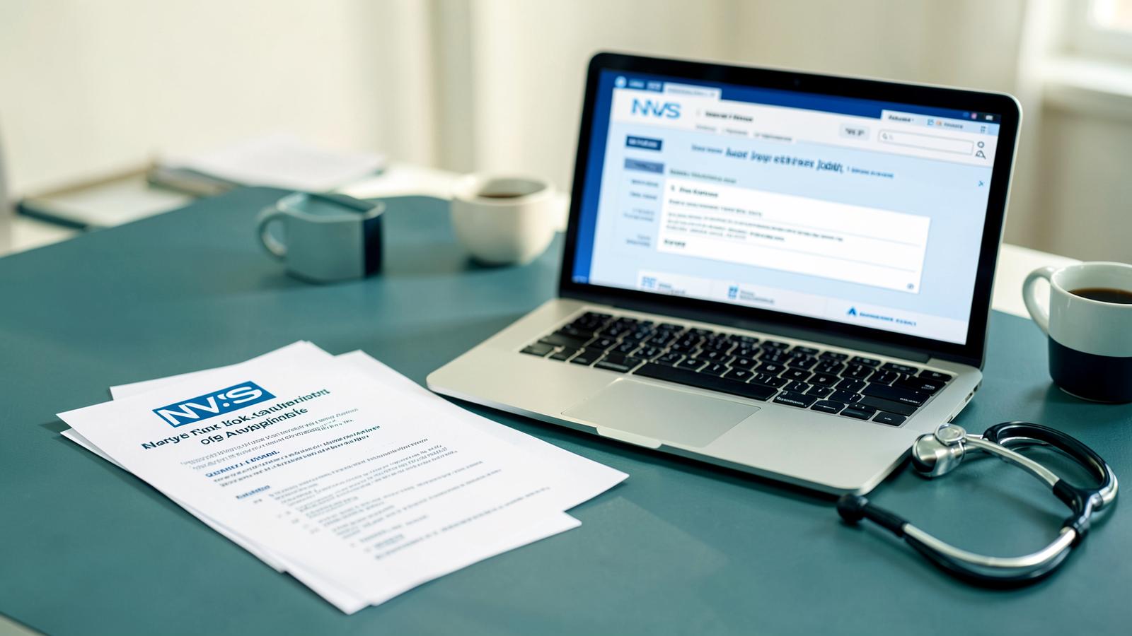 A doctor's desk with an NHS job application, laptop and stethoscope