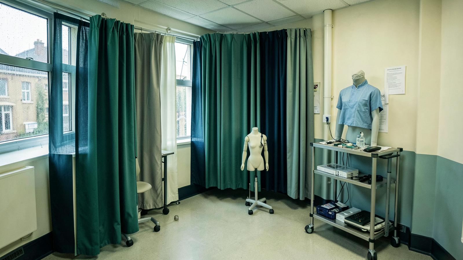A clinical skills examination room with curtains and a trolley