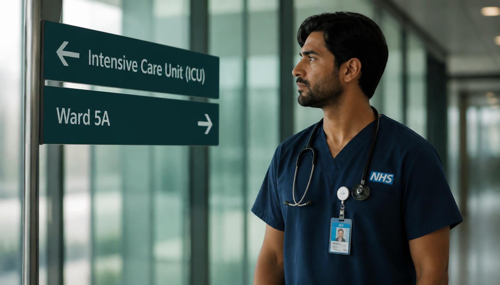 A doctor comparing two career route options on a desk with notes and a laptop