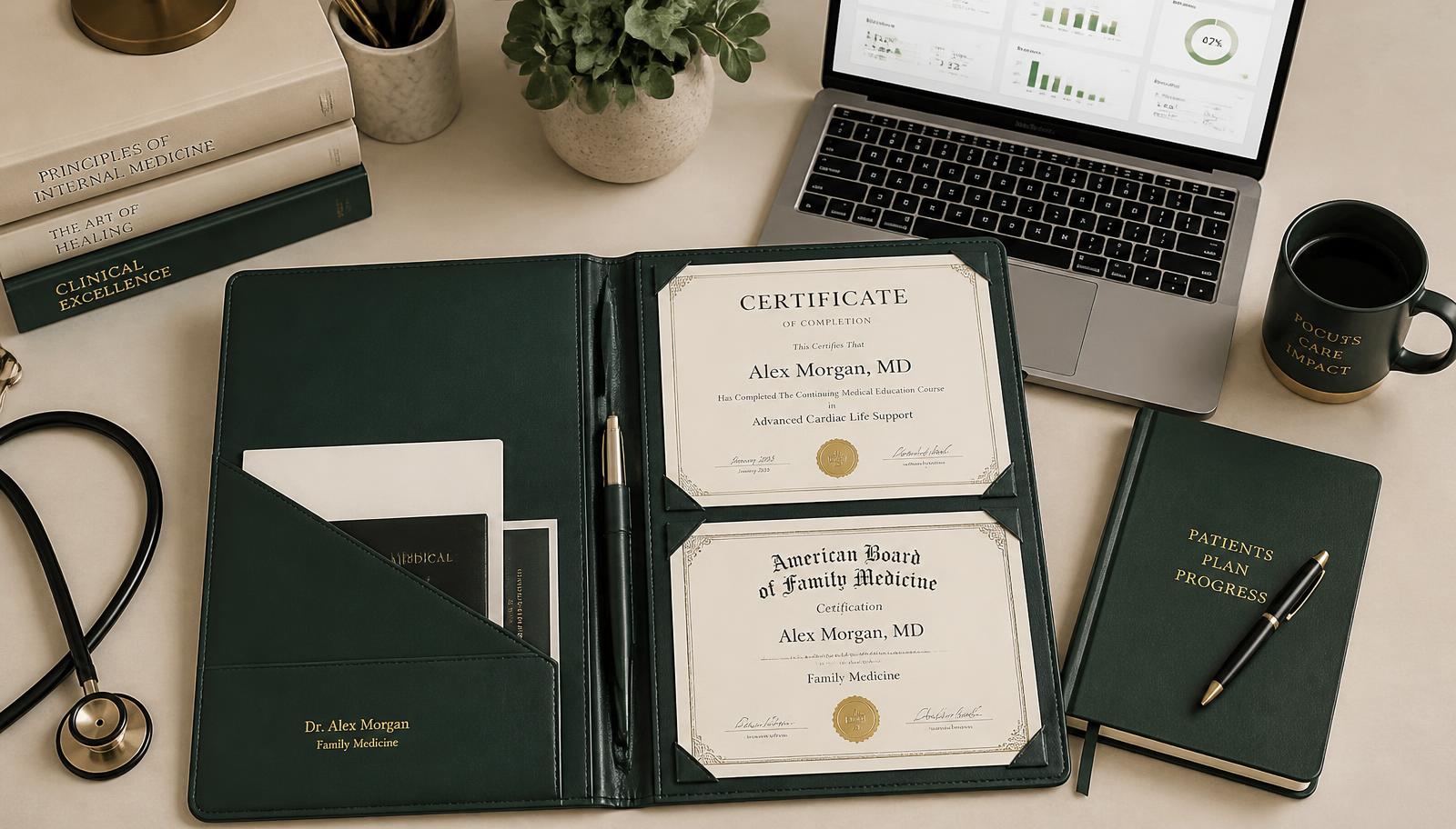 An organised medical portfolio with documents, certificates and a laptop