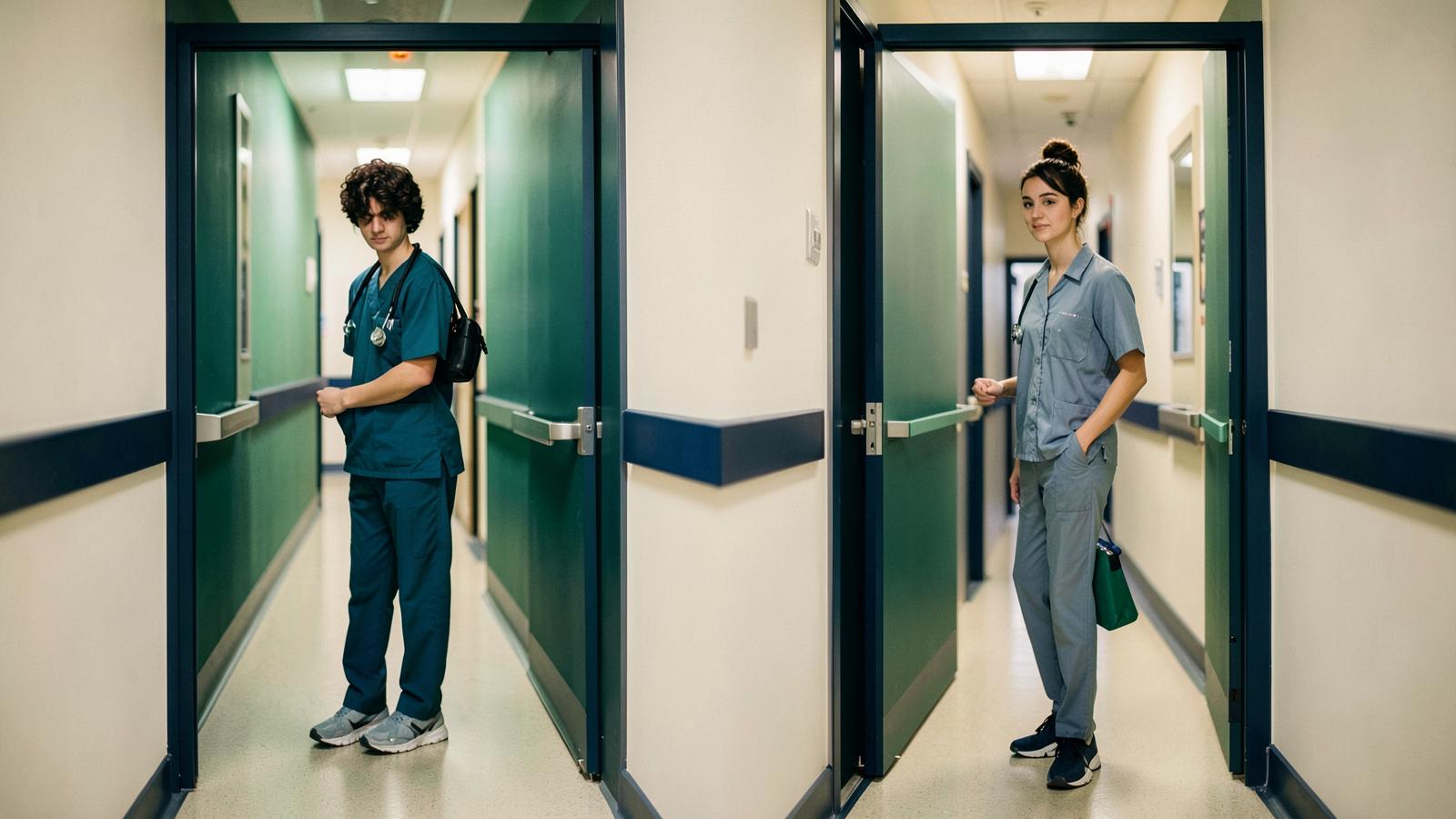 Two hospital corridors side by side representing a career choice